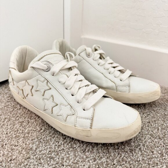 Zadig & Voltaire Leather Distressed Star Applique Lace Up Sneakers White 38 / 7 - Picture 2 of 13